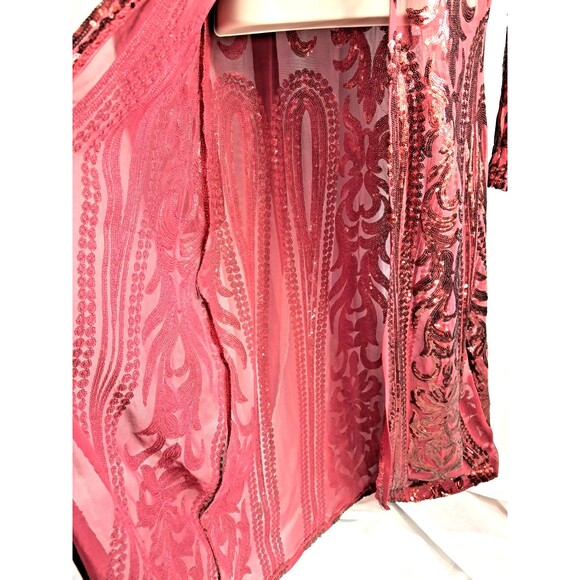 Women Sequin Mesh Front Open Full Long Maxi Duster Burgundy Red Large - Picture 7 of 10